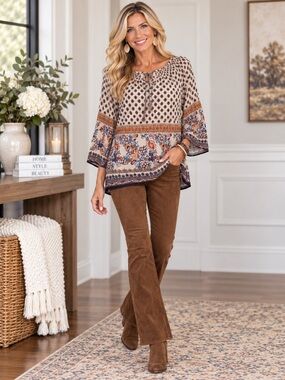 TANTRUMS Boho Floral Peasant Cream with Blue & Mustard Top Size: Large
